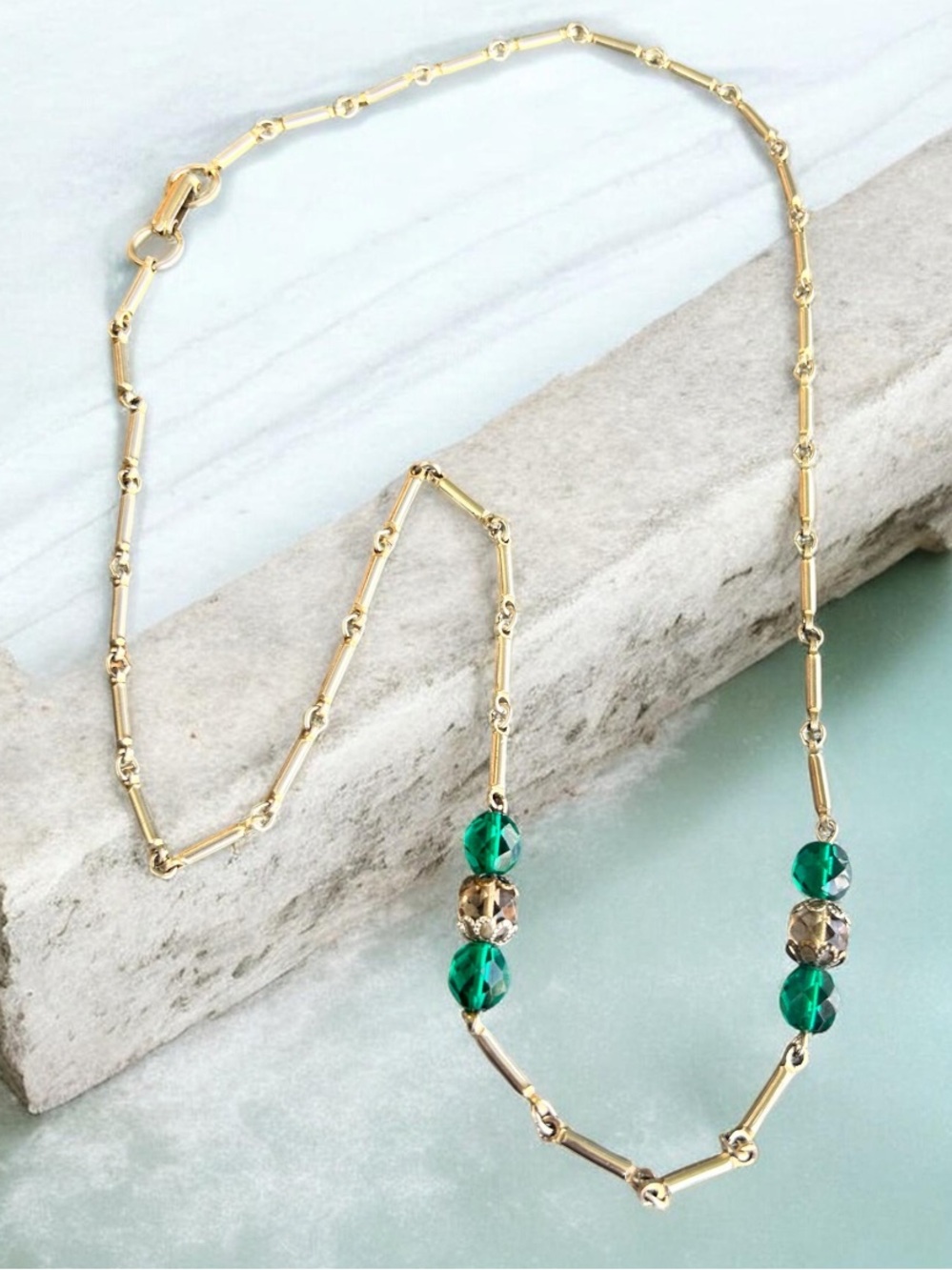 Vintage 1920’s-30’s Art Deco Czech Lead Crystal Bar Link Vermeil Necklace